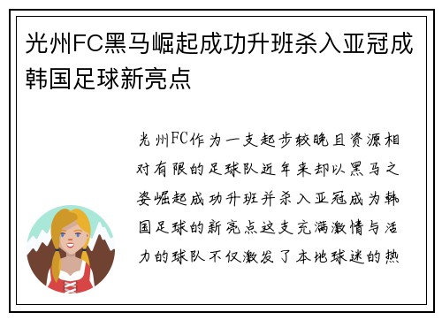 光州FC黑马崛起成功升班杀入亚冠成韩国足球新亮点
