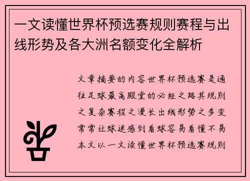 一文读懂世界杯预选赛规则赛程与出线形势及各大洲名额变化全解析